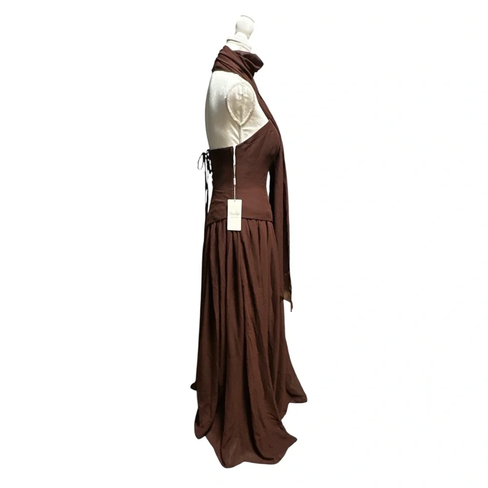 NWT, Elegant Chocolate Brown Strapless Dress With Scarf / Shoulder Cover‎